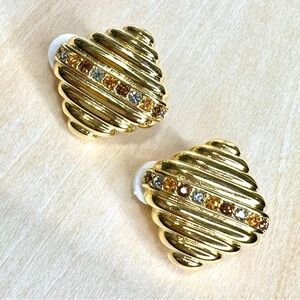 Joan Rivers Gold Rhinestone Clip On Earrings • Signed Vintage Jewelry